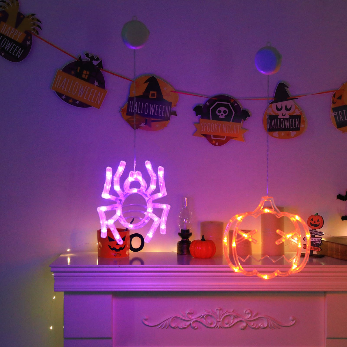 Halloween LED Hanging Lights – Battery-Powered Spooky Bat and Ghost Eye Ornaments for Festive Room, Living Room, and Party Decorations