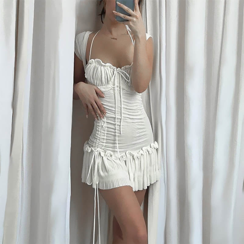 Women’s Autumn Square-Neck Mini Dress – Elegant Slim Ruched Short-Sleeve Dress for Streetwear, Parties, and Date Nights