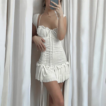 Women’s Autumn Square-Neck Mini Dress – Elegant Slim Ruched Short-Sleeve Dress for Streetwear, Parties, and Date Nights