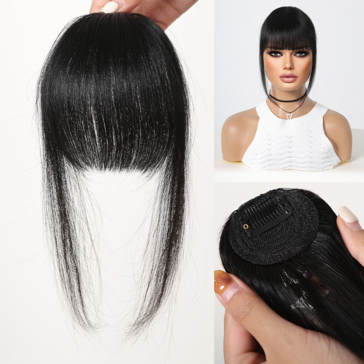 Clip-On Human Hair Bangs – Natural Black Wispy Fringe Air Bangs for Women’s Daily Hairstyling, Easy to Apply Non-Slip Hair Extensions