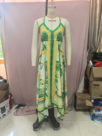 Off-Shoulder Printed Fairy Long Dress – Elegant V-Neck Strap Evening Gown for Women, Flowing Temperament Skirt Perfect for Spring, Summer Parties, and Romantic Occasions