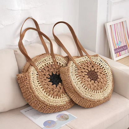 Handmade Paper Rope Woven Beach Bag – Colorful Hollow Round Tote with Shoulder Strap for Summer Casual Outfits
