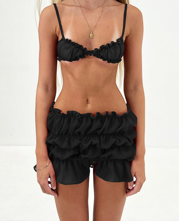 Women’s Ruffled Two-Piece Set – Summer Beach Camisole and Ruched Skirt Outfit for Vacation or Club Party Style