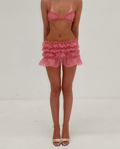 Women’s Ruffled Two-Piece Set – Summer Beach Camisole and Ruched Skirt Outfit for Vacation or Club Party Style