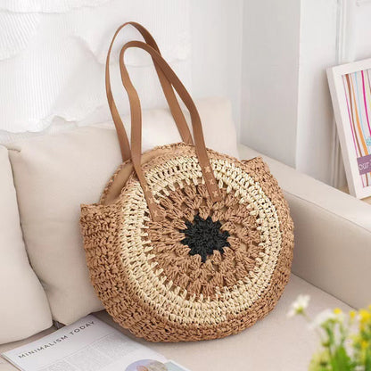Handmade Paper Rope Woven Beach Bag – Colorful Hollow Round Tote with Shoulder Strap for Summer Casual Outfits