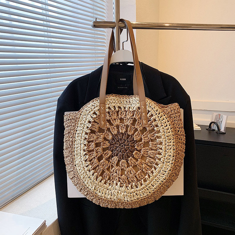 Handmade Paper Rope Woven Beach Bag – Colorful Hollow Round Tote with Shoulder Strap for Summer Casual Outfits