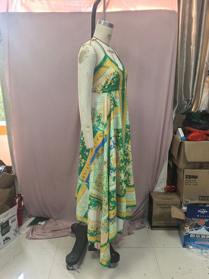 Off-Shoulder Printed Fairy Long Dress – Elegant V-Neck Strap Evening Gown for Women, Flowing Temperament Skirt Perfect for Spring, Summer Parties, and Romantic Occasions