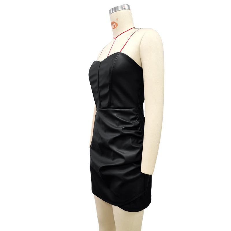 PU Leather Strapless Tube Dress – Sexy Sleeveless Bodycon Mini Party Dress for Club and Cocktail Nights