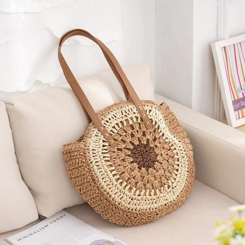 Handmade Paper Rope Woven Beach Bag – Colorful Hollow Round Tote with Shoulder Strap for Summer Casual Outfits