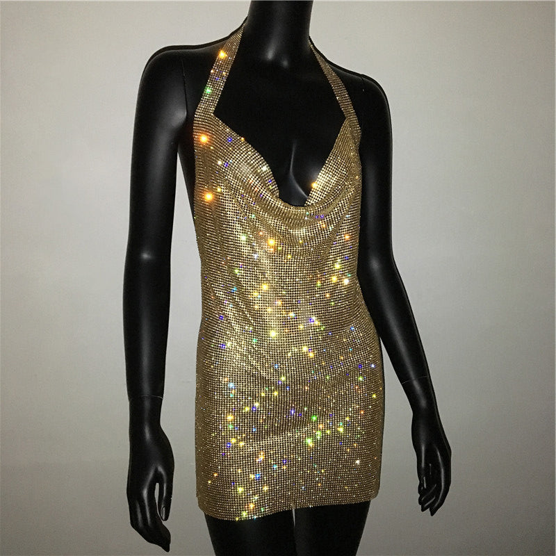Luxury Rhinestone Sequin Mini Dress – Shimmering Halter Backless Mesh Slit Cocktail Dress for Dazzling Parties