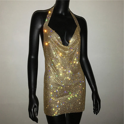 Luxury Rhinestone Sequin Mini Dress – Shimmering Halter Backless Mesh Slit Cocktail Dress for Dazzling Parties