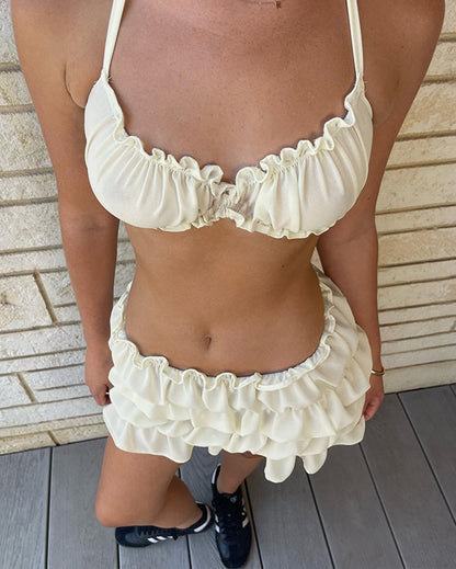 Women’s Ruffled Two-Piece Set – Summer Beach Camisole and Ruched Skirt Outfit for Vacation or Club Party Style