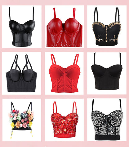 Women Leather Corset Top Crop Bustier – Gothic Bodice Push-Up Corselet Lingerie Party Crop Camis Top