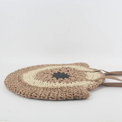 Handmade Paper Rope Woven Beach Bag – Colorful Hollow Round Tote with Shoulder Strap for Summer Casual Outfits