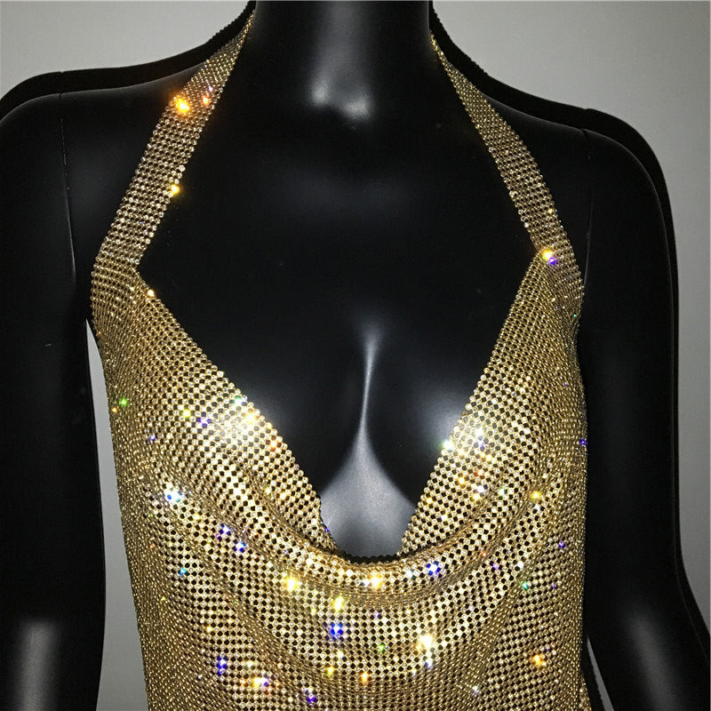 Luxury Rhinestone Sequin Mini Dress – Shimmering Halter Backless Mesh Slit Cocktail Dress for Dazzling Parties