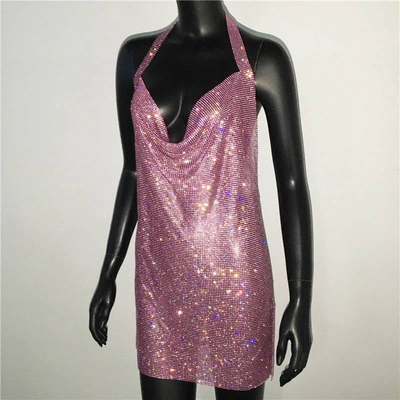 Luxury Rhinestone Sequin Mini Dress – Shimmering Halter Backless Mesh Slit Cocktail Dress for Dazzling Parties