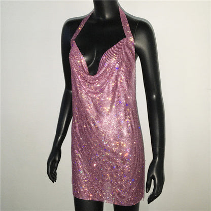 Luxury Rhinestone Sequin Mini Dress – Shimmering Halter Backless Mesh Slit Cocktail Dress for Dazzling Parties