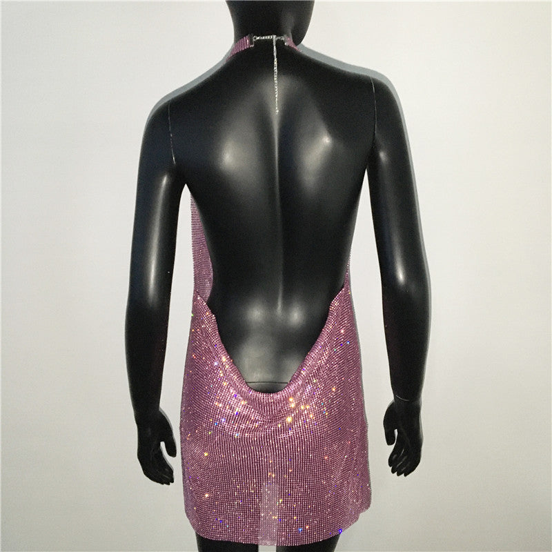 Luxury Rhinestone Sequin Mini Dress – Shimmering Halter Backless Mesh Slit Cocktail Dress for Dazzling Parties
