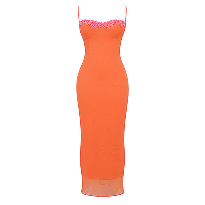 Lace Patchwork Maxi Dress – Sexy Spaghetti Strap Backless Club Dress with Batwing Sleeves for Elegant Nights Out