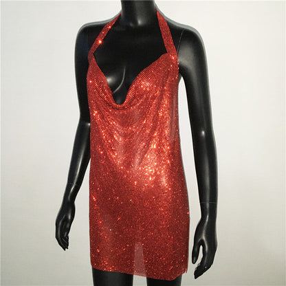 Luxury Rhinestone Sequin Mini Dress – Shimmering Halter Backless Mesh Slit Cocktail Dress for Dazzling Parties