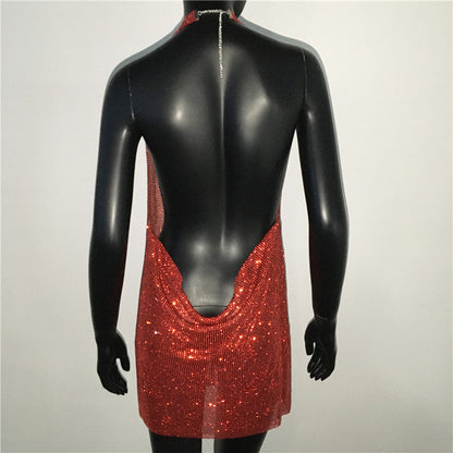 Luxury Rhinestone Sequin Mini Dress – Shimmering Halter Backless Mesh Slit Cocktail Dress for Dazzling Parties