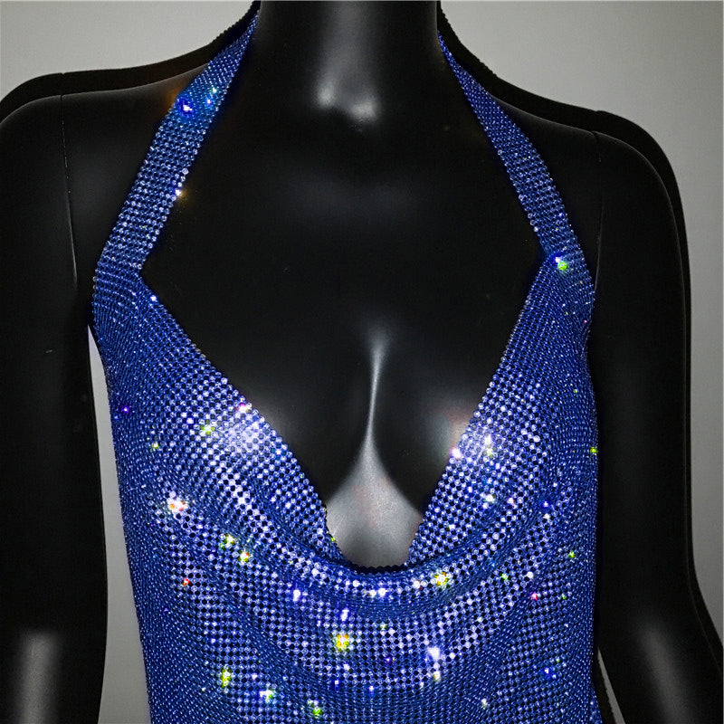 Luxury Rhinestone Sequin Mini Dress – Shimmering Halter Backless Mesh Slit Cocktail Dress for Dazzling Parties