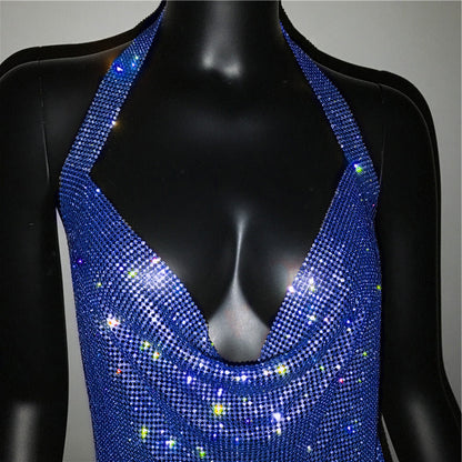 Luxury Rhinestone Sequin Mini Dress – Shimmering Halter Backless Mesh Slit Cocktail Dress for Dazzling Parties