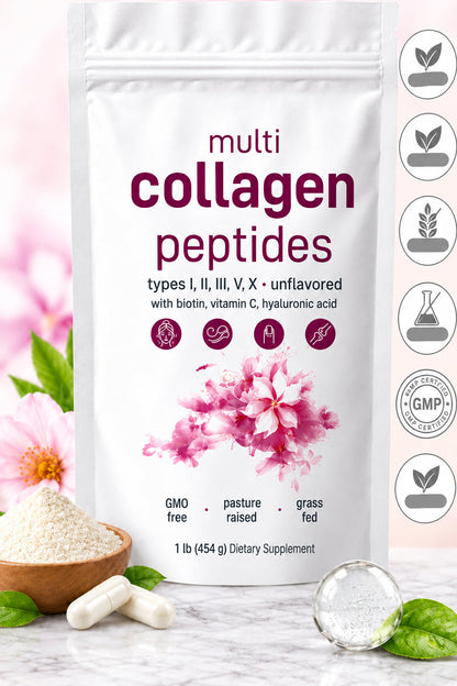 Multi Collagen Peptides Powder – Hydrolyzed Protein Blend with Types I, II, III, V and X for Convenient Daily Collagen Supplementation