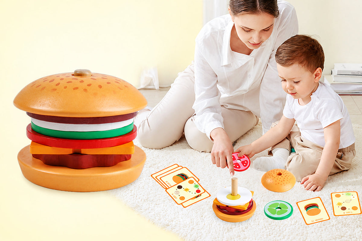 Wooden Burger and Fries Play Set – Pretend Sandwich Fast Food Toy for Kids, Kitchen Roleplay, Imaginative Learning and Creative Play