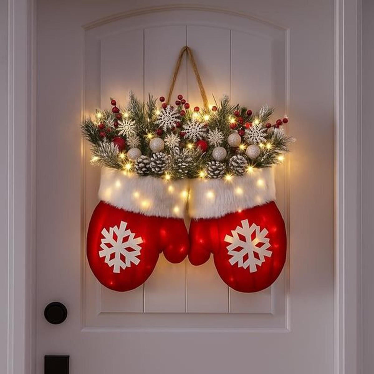Outdoor Christmas Wreath with LED Lights – Artificial Front Door Mitten Garland with Pine Cones & Red Berries for Holiday & Winter Home Décor