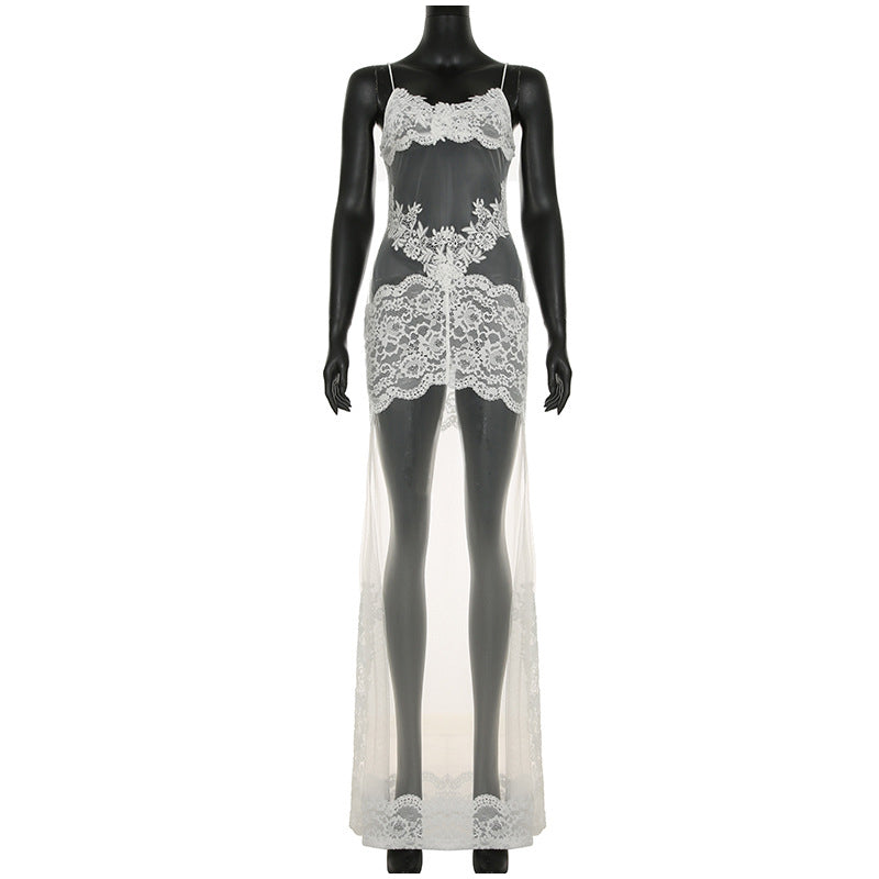 Elegant Embroidered Mesh Long Dress – Floral Sheer Spaghetti Strap Slim Fit Gown, Summer Nightwear for Women, Chic Transparent Design