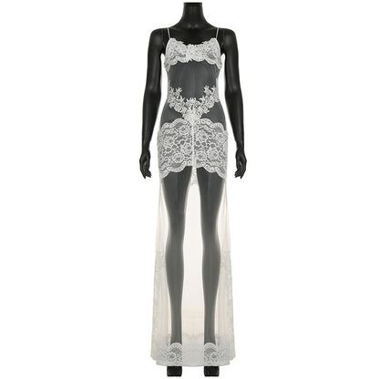 Elegant Embroidered Mesh Long Dress – Floral Sheer Spaghetti Strap Slim Fit Gown, Summer Nightwear for Women, Chic Transparent Design