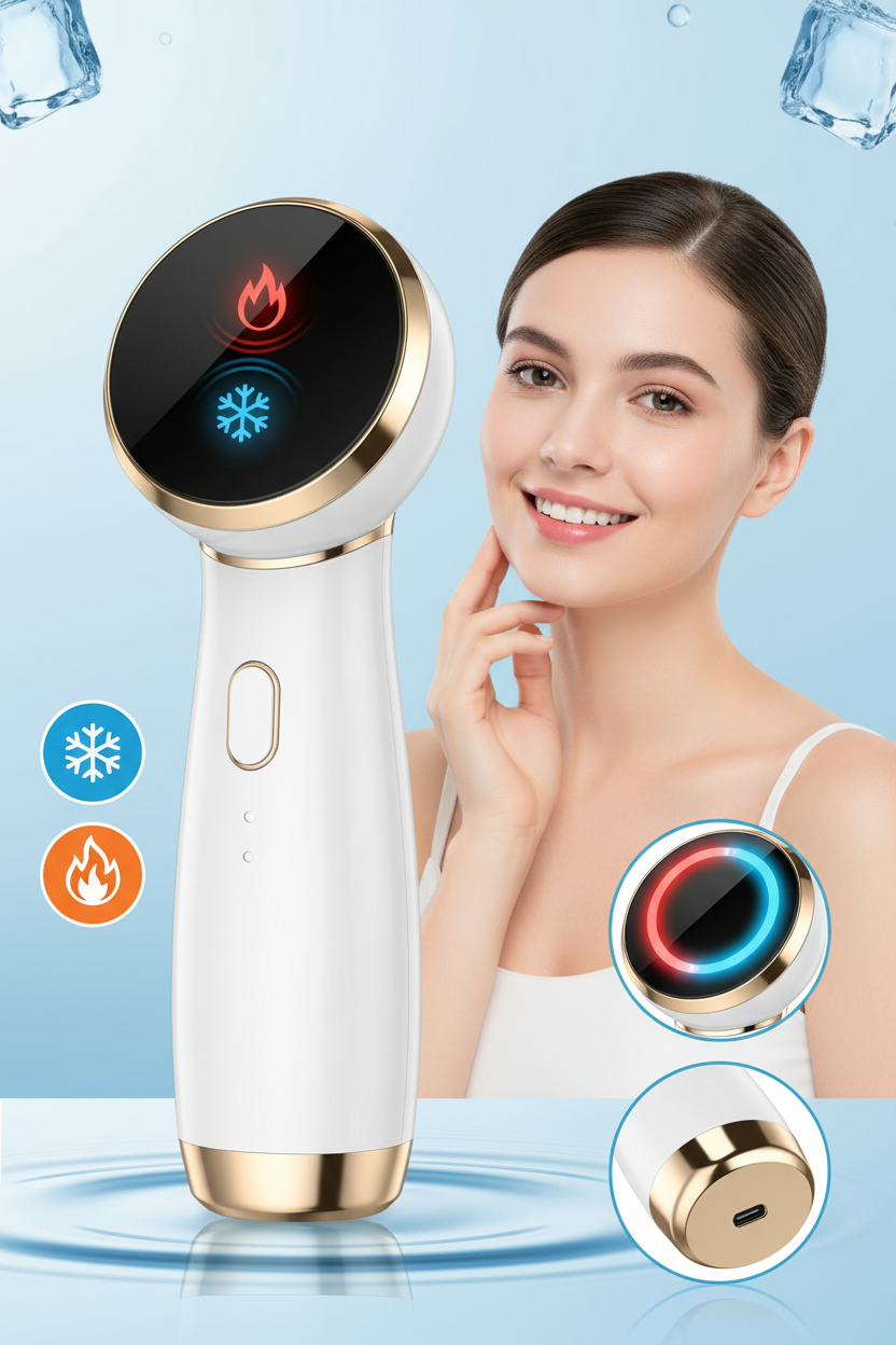 Hot Cold Facial Beauty Device – Rechargeable Red Blue Light Massager with Cooling and Warming Modes for Portable At-Home Skin Care