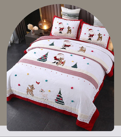 Christmas Handmade Patchwork Quilt Set – 3-Piece Lightweight Kids’ Bedspread with Applique Design, Holiday Comforter with Pillowcase