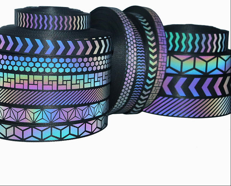 Rainbow Reflective Webbing Tape – High-Visibility Nylon Geometric Sewing Trim for Clothing, Bags, Costumes and Creative Safety Accent Projects