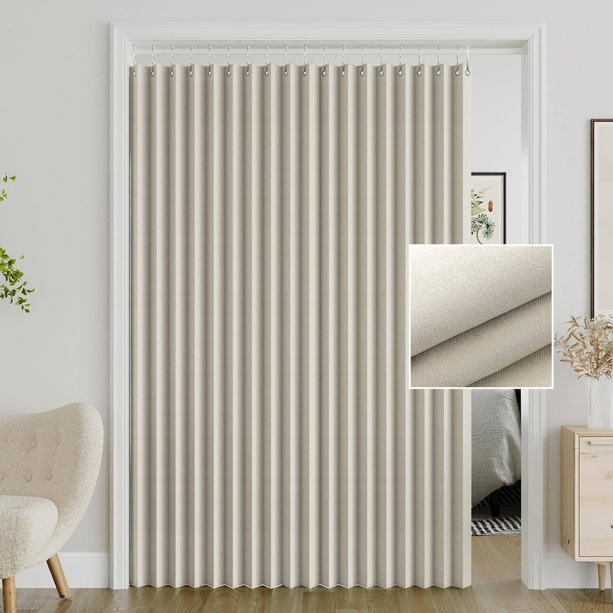 Blackout Door Curtain – Accordion Folding Room Divider Curtain for Doorways & Closets, Pleated Fabric Panel with Hooks