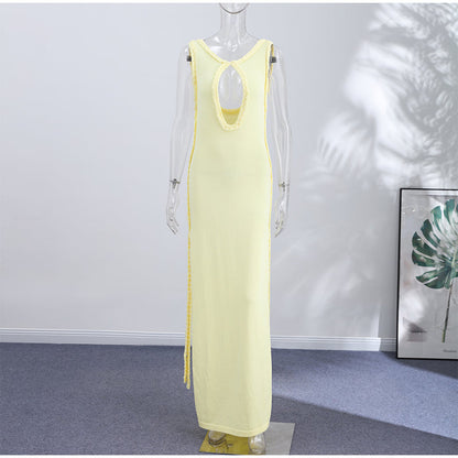 Elegant Keyhole Maxi Dress – Sleeveless Backless Summer Gown with Braided Trim and High Slit for Women’s Parties and Special Events