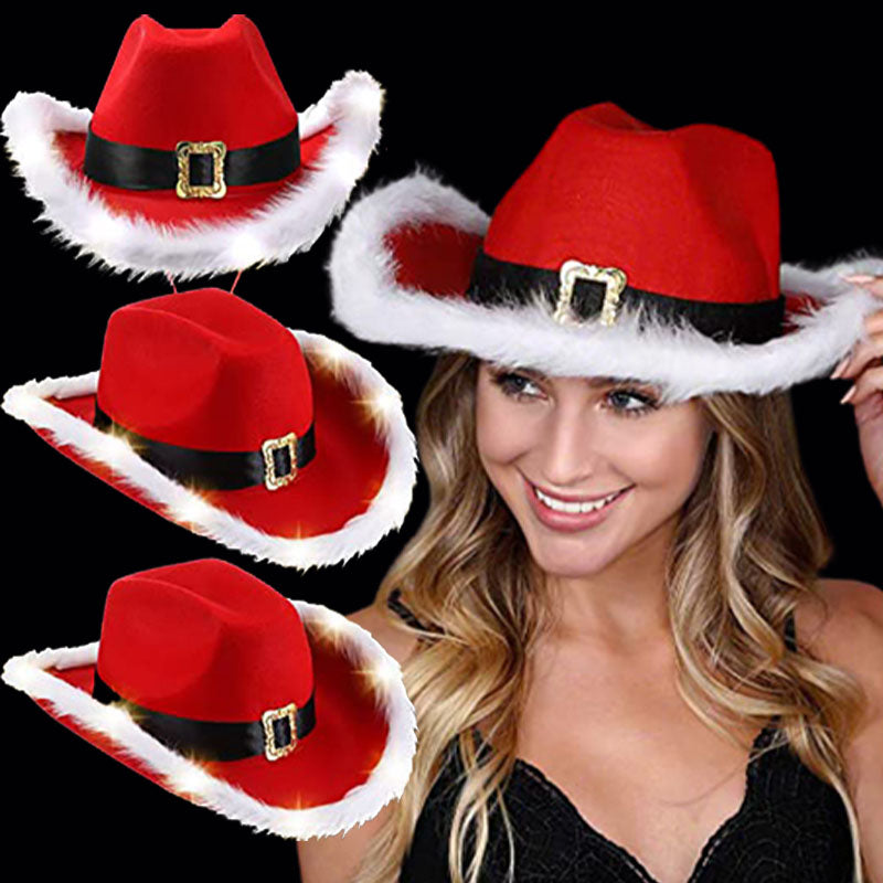 LED Light-Up Cowboy Christmas Hat – Festive Red Felt Western Santa Hat with Wide Brim, Perfect for Holiday Parties, Costumes, and Events