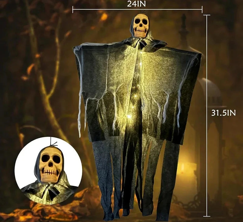 Lighted Hanging Ghost Decoration – Halloween Skull Skeleton Gauze Ornament for Gardens, Homes and Outdoor Party Scenes with Spooky Built-In Illumination