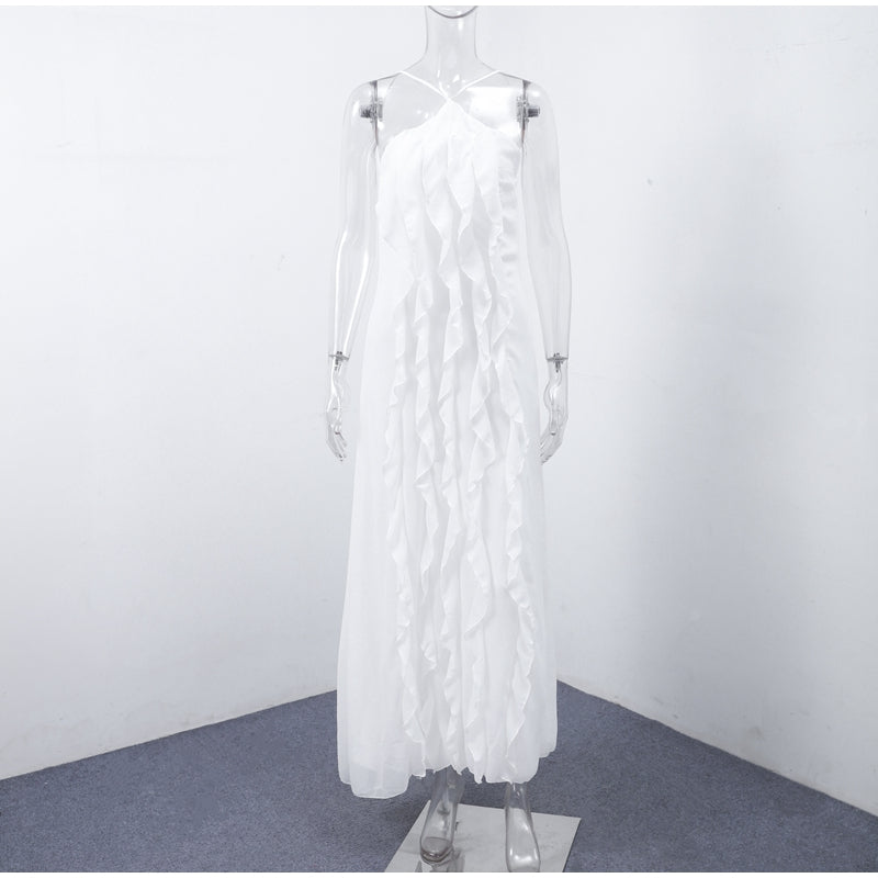 Elegant Off-Shoulder White Backless Ruffle-Edge Maxi Dress – Loose Summer Beach Outfit for Women, Flowy Party Vacation Fashion Robe