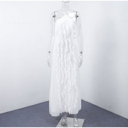 Elegant Off-Shoulder White Backless Ruffle-Edge Maxi Dress – Loose Summer Beach Outfit for Women, Flowy Party Vacation Fashion Robe