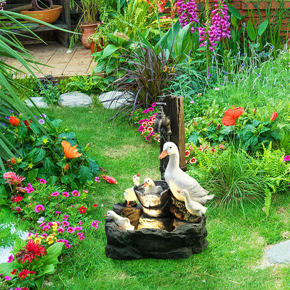 Resin Duck Family Water Fountain – Outdoor Sun Fountain Sculpture for Patio, Garden Landscaping, Decorative Water Feature Home & Yard Decor