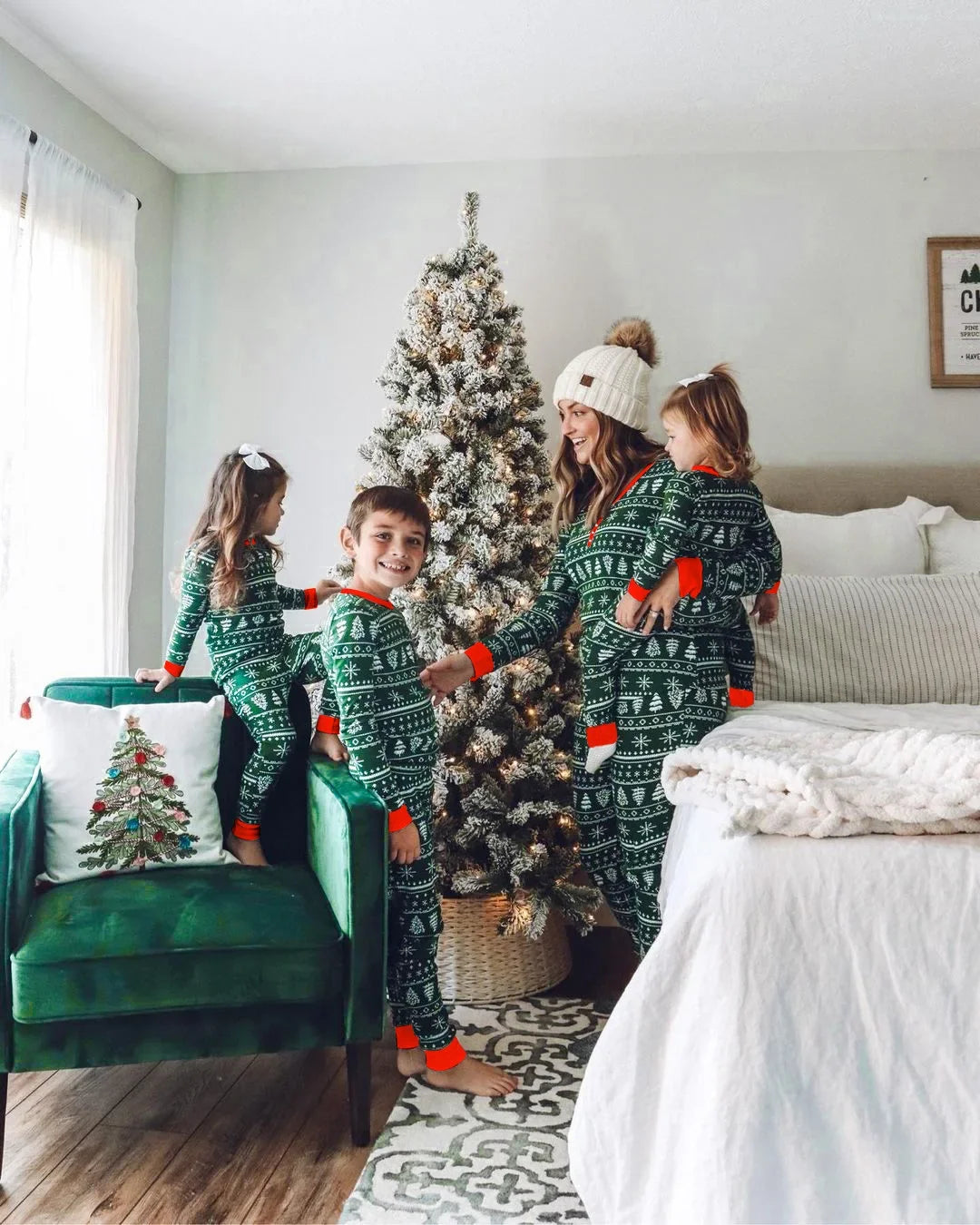 Christmas Family Matching Pajamas – Allover Print Two-Piece Sets for Parents and Kids with Baby Romper, Holiday Sleepwear Ensemble
