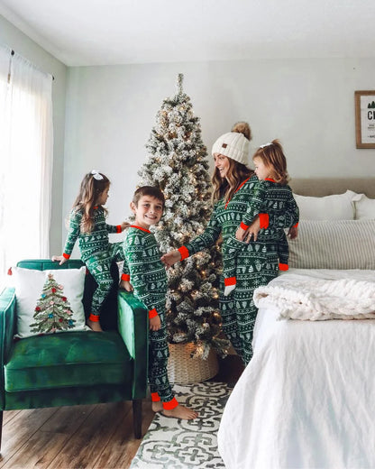 Christmas Family Matching Pajamas – Allover Print Two-Piece Sets for Parents and Kids with Baby Romper, Holiday Sleepwear Ensemble