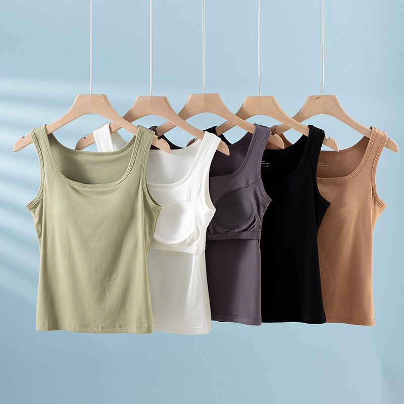 Integrated Strap Vest Top with Chest Pad – Women’s Built-In Bra Innerwear Base Shirt for Daily Comfort and Style