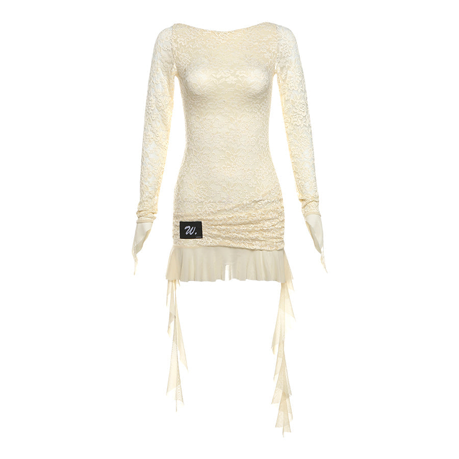 Sexy Ruffled Lace Patchwork Dress – Long Sleeve Backless Bodycon for Women Perfect for Summer Nights