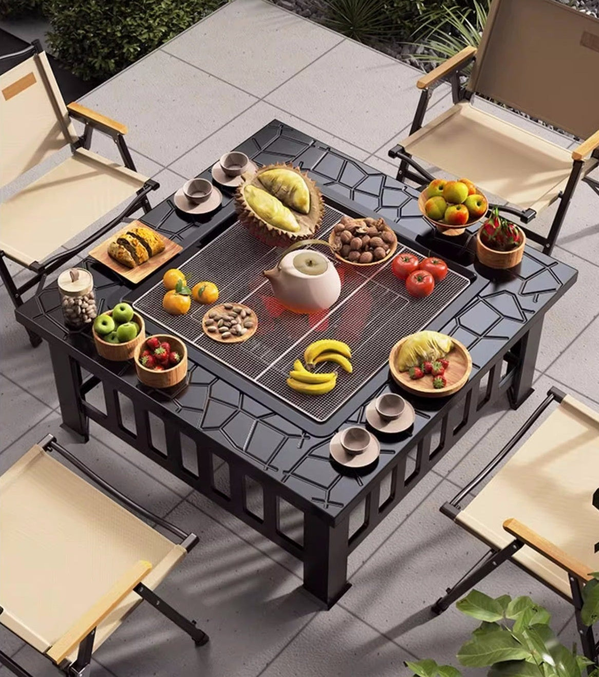 Complete Outdoor BBQ Grill Set – Courtyard Barbecue Grill, Heating Table and Cooking Rack for Family Gatherings, Parties and Backyard Entertaining