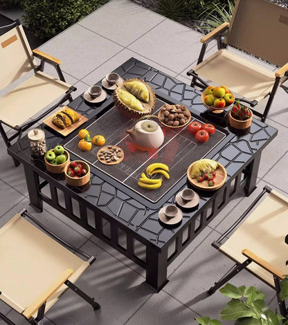 Complete Outdoor BBQ Grill Set – Courtyard Barbecue Grill, Heating Table and Cooking Rack for Family Gatherings, Parties and Backyard Entertaining