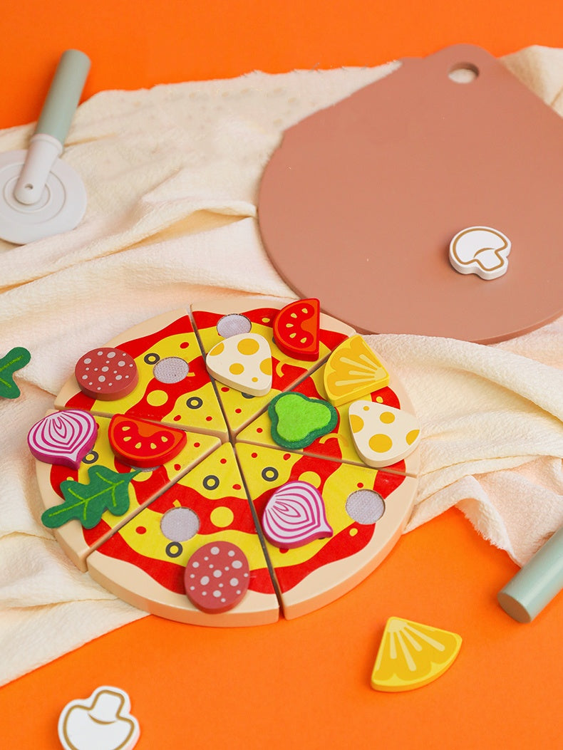 Wooden Pizza Fruit and Vegetable Play Set – Pretend Kitchen Food Toys for Kids, Roleplay Learning and Imaginative Cooking Adventures