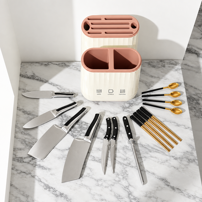 Countertop Knife and Cutting Board Organizer – Drainable Kitchen Storage Rack with Chopstick Holder for Neat, Space-Saving Utensil and Board Organization